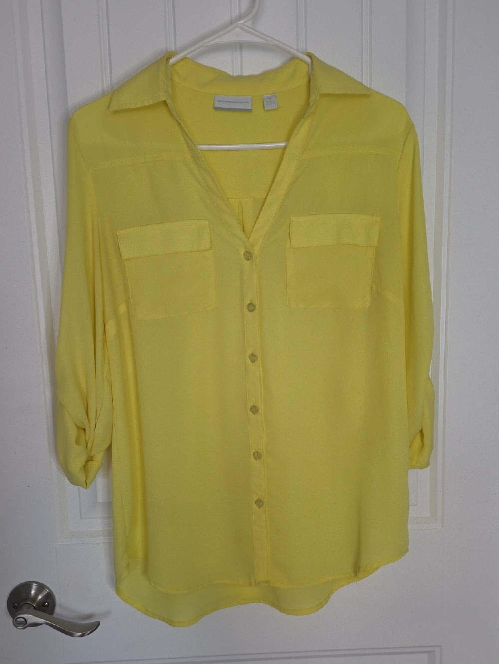 New York & Company Bright Yellow Button-Down Blouse with Chest Pockets